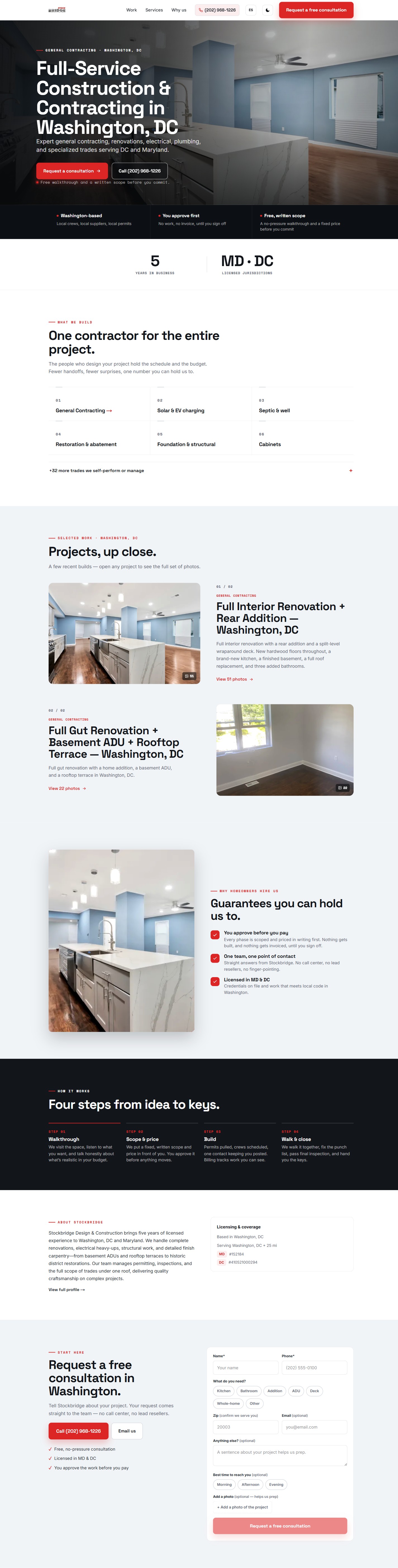 Full-length capture of a real contractor website built with UpLevelSite: hero, services, project galleries, guarantees, licensing, and contact form
