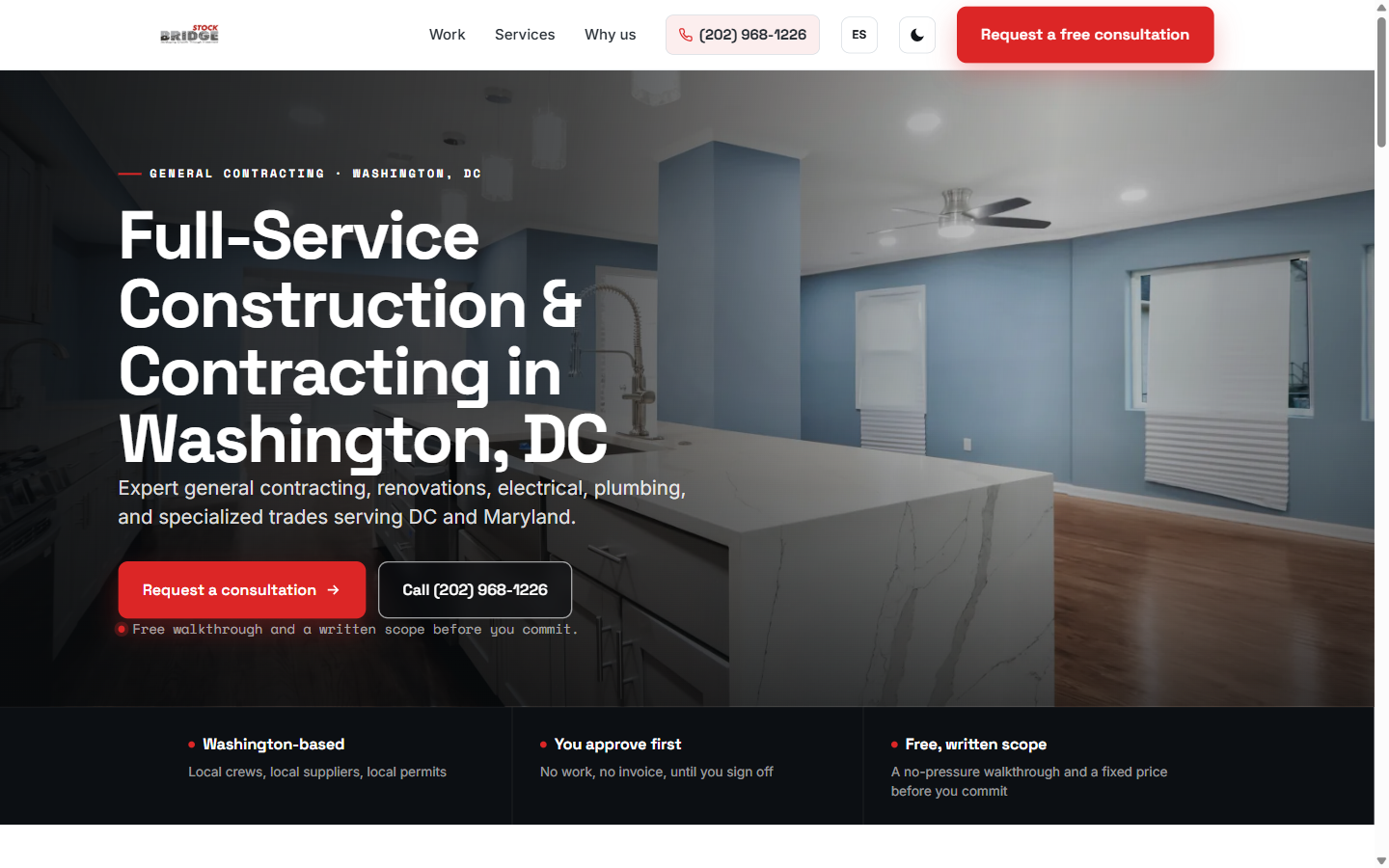 A real contractor website built with UpLevelSite, shown on desktop